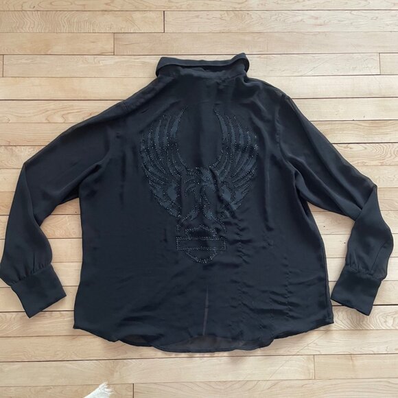 Harley Davidson Plus Size 1X Sheer Black Button Down Rhinestone Logo Top Womens - Picture 5 of 12